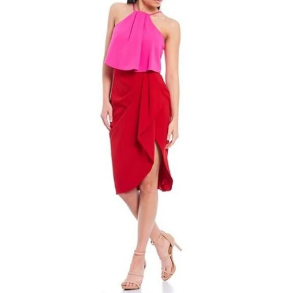 Betsy & Adam Color Block Halter Dress Womens 12 Pink Red Crepe Cocktail NEW - Picture 1 of 13